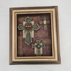 Decorative Framed Cross Art with Red and Turquoise Accents